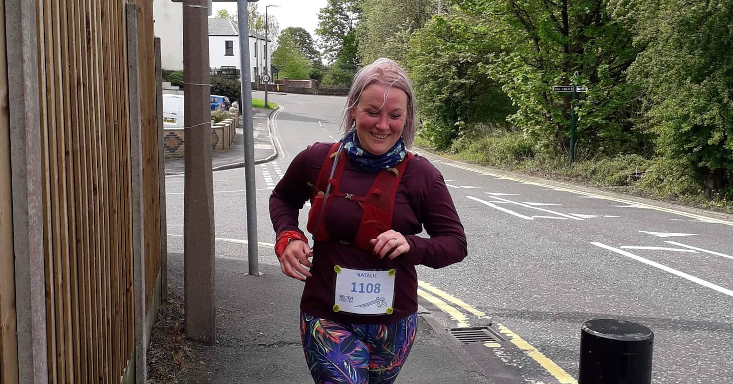 Natalie Hitchen completing the virtual Bolton marathon