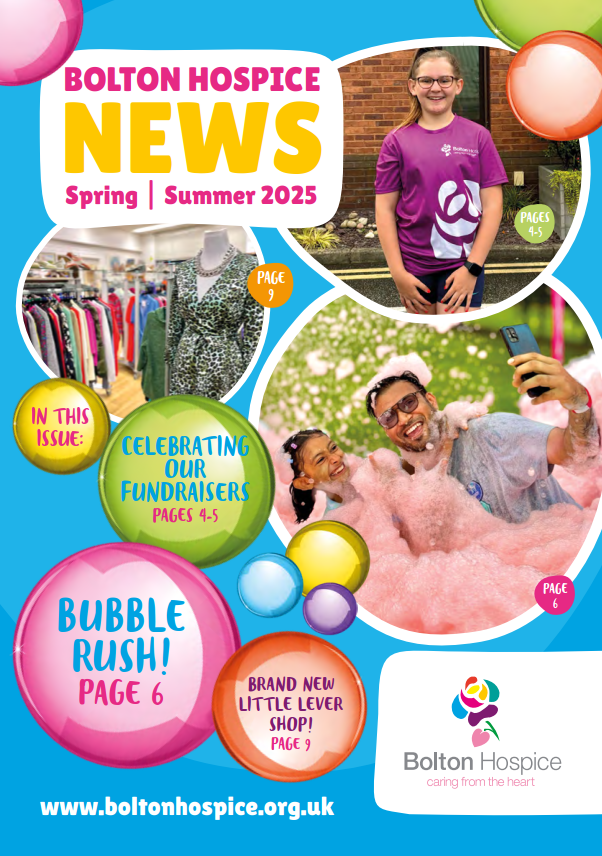 Spring Summer 2025 Newsletter front cover showing a variety of Bolton Hospice supporters